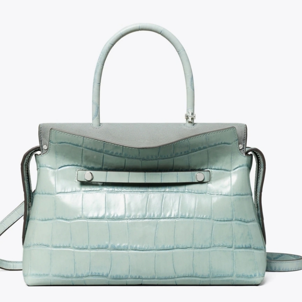 TORY BURCH Robinson Croc-Embossed Top-Zip Card Case Holder blue celadon $158 - Picture 10 of 11